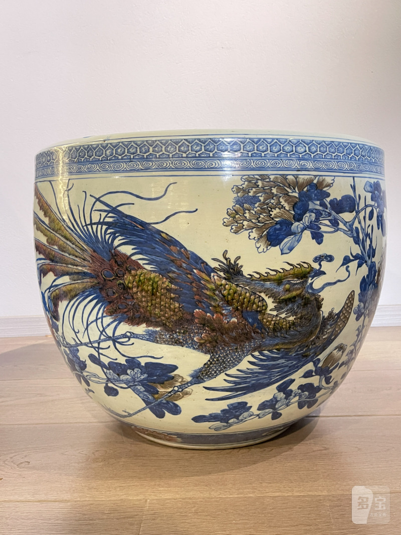 清中期 青花釉里红牡丹锦鸡图大缸 - 图2